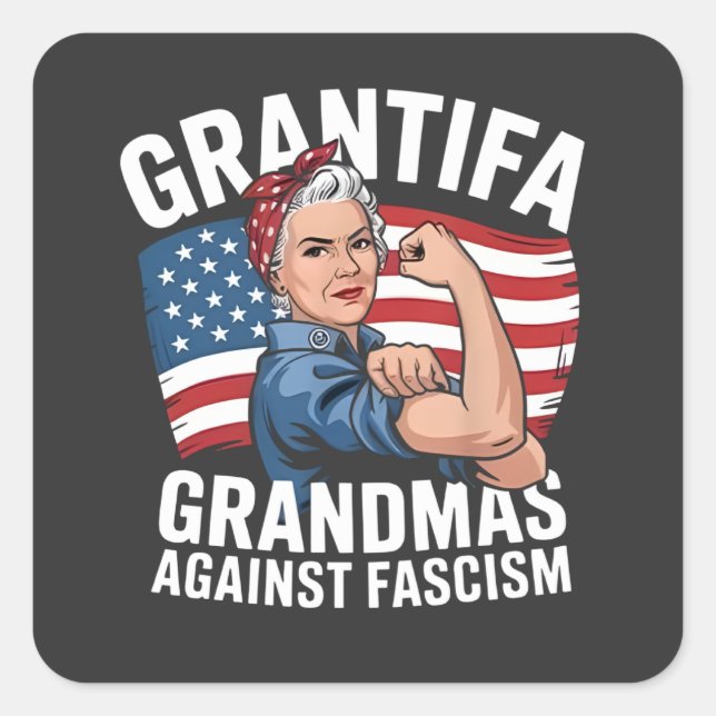 Pegatina Cuadrada Grantifa Grandma Against Facism No King USA  (Anverso)