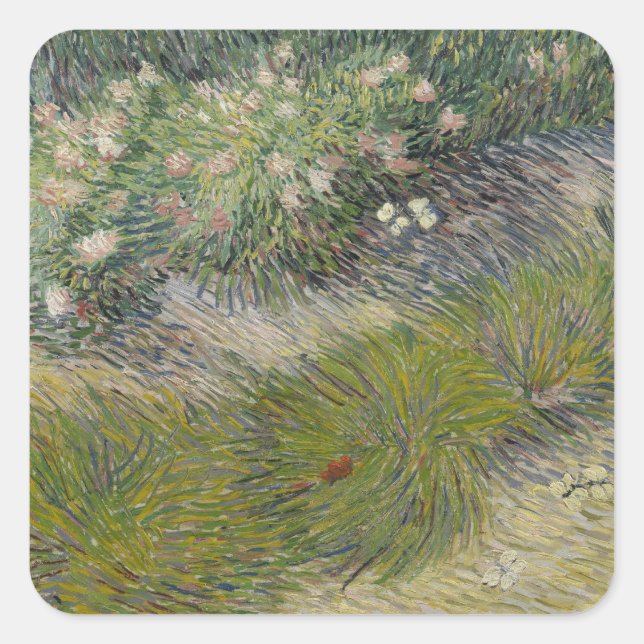 Pegatina Cuadrada Grasa y mariposas por Vincent van Gogh (Anverso)