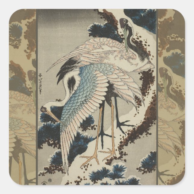 Pegatina Cuadrada Grasas en una nieve cubierta Hokusai (Anverso)