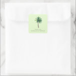 Pegatina Cuadrada Grateful Green Tropical Palm Tree<br><div class="desc">This wedding sticker features a serene tropical design with a single, centered palm tree on a soft pastel green background. The elegant serif typography below the tree reads "thank you, " expressing gratitude in an understated manner. The color palette of lush greens and warm browns creates a calming and inviting...</div>