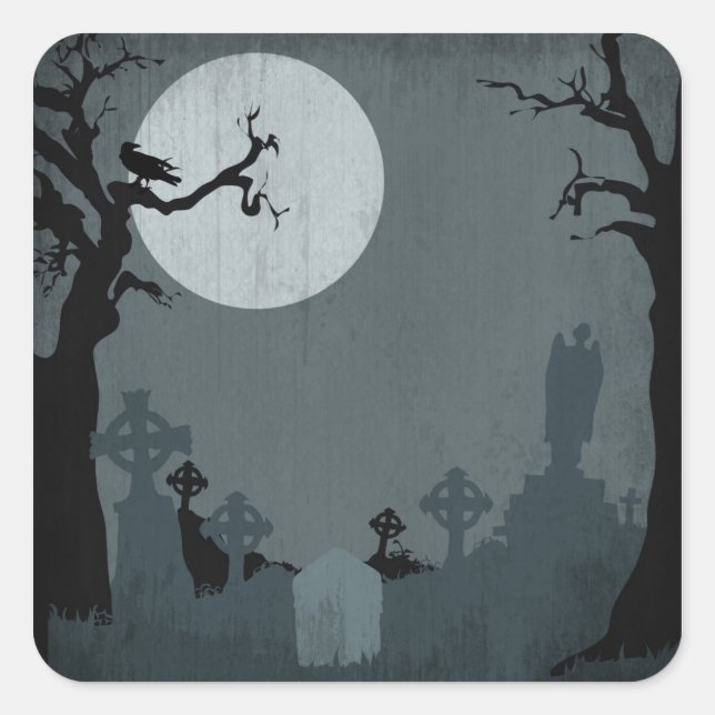 Pegatina Cuadrada Graveyard y Luna llena para Halloween (Anverso)