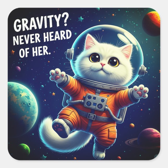 Pegatina Cuadrada Gravity? Never Heard of Her. Cute Space Cat (Anverso)