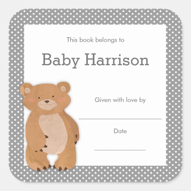 Pegatina Cuadrada Gray Bear Baby Shower Bookplate, libro neutral (Anverso)