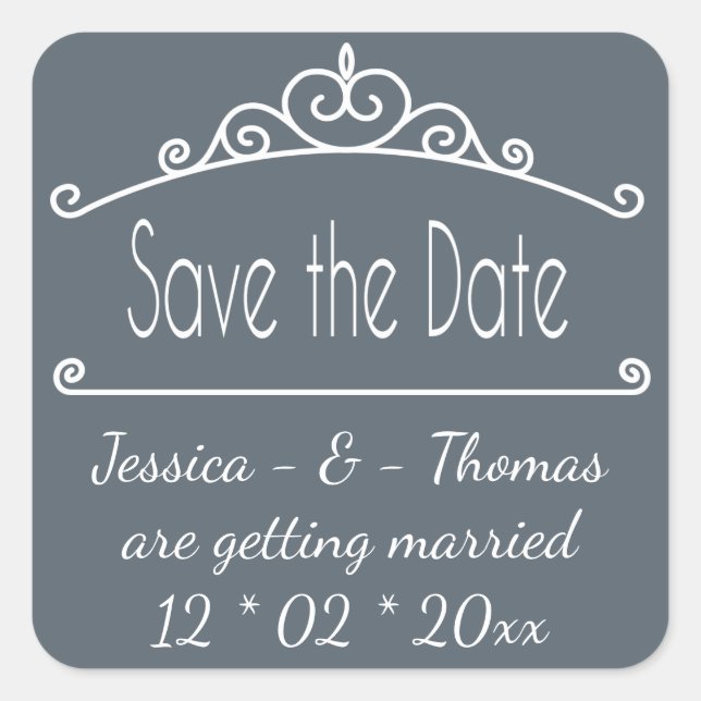 Pegatina Cuadrada Gray Save the Date Slate White Engagement Boda (Anverso)