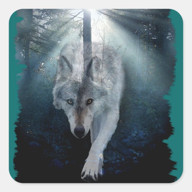 Pegatina Cuadrada GRAY WOLF & FOREST Wildlife Series (Anverso)