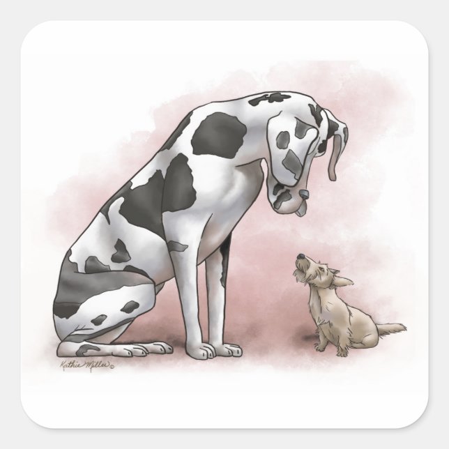 Pegatina Cuadrada Great Dane and Scottish Terrier Cartoon (Anverso)