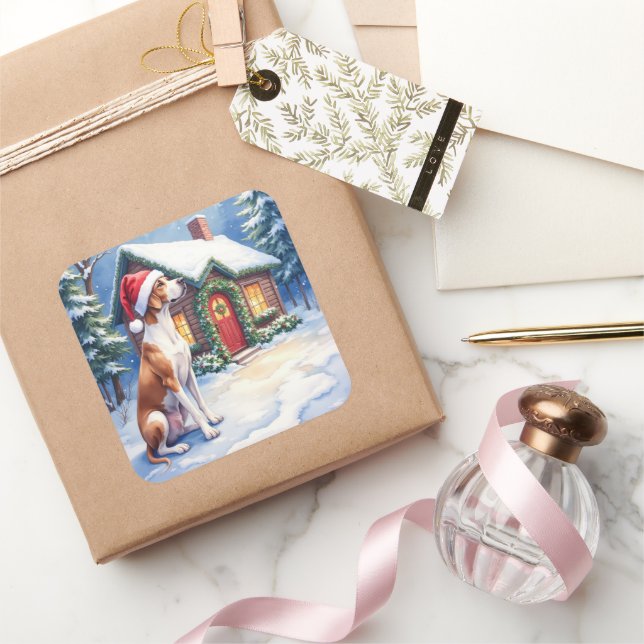 Pegatina Cuadrada Great Dane Snowy Cabin Santa Hat Christmas Art (Regalar)