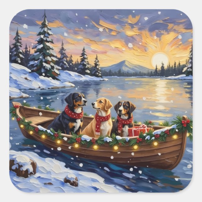 Pegatina Cuadrada Greater Swiss Mountain Dog Christmas Boat Holiday (Anverso)