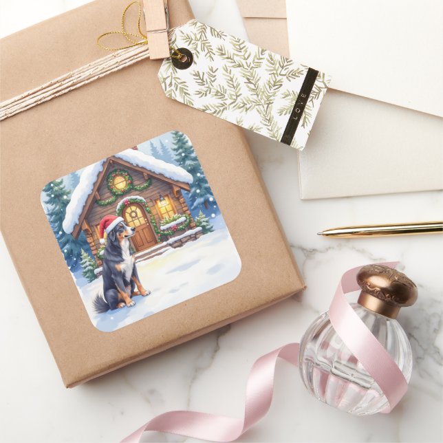 Pegatina Cuadrada Greater Swiss Mountain Dog Snowy Cabin Santa Hat (Regalar)