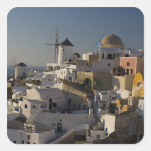 Pegatina Cuadrada Grecia e isla griega de Santorini pueblo de Oia