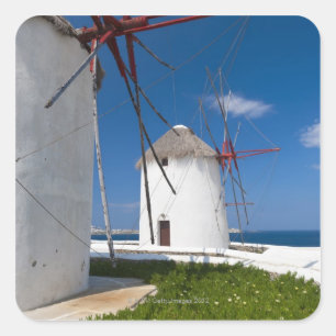 Pegatina Cuadrada Grecia, islas de Cícladas, Mykonos, molinoes de