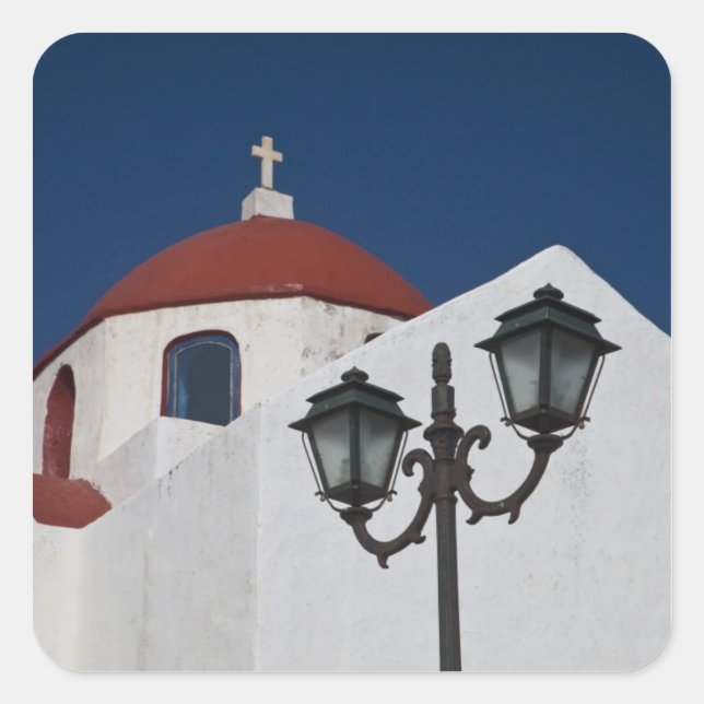 Pegatina Cuadrada Grecia, Mykonos, capilla con cúpula roja y (Anverso)