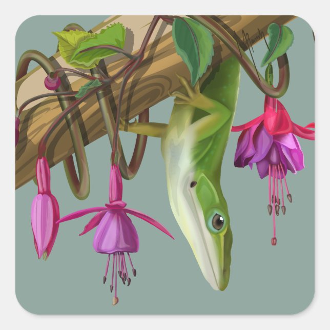 Pegatina Cuadrada Green anole with Fuchsias  (Anverso)