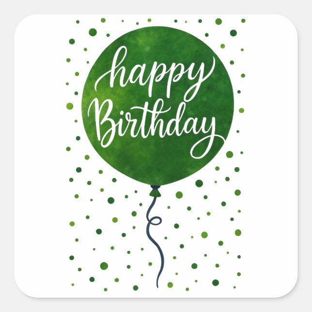 Pegatina Cuadrada Green Balloon Happy Birday Design (Anverso)