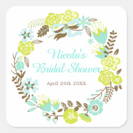 Pegatina Cuadrada Green & Brown Floral Wreath Bridal Shower
