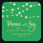 Pegatina Cuadrada Green Christmas Lights Peace Joy Whimsical Script<br><div class="desc">Green Christmas Lights Peace & Joy Whimsical Script Quote Square Sticker. This design of branches and Christmas quote offers a slightly rustic Christmas look to each element of your first christmas eve. IMPORTANT NOTICE: This design is part of a collection and has other coordinated elements that you can find in...</div>