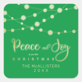 Pegatina Cuadrada Green Christmas Lights Peace Joy Whimsical Script