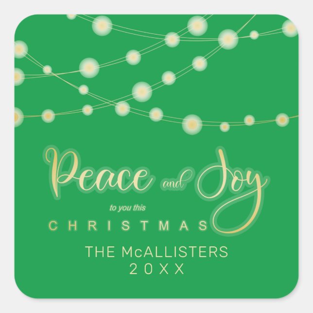 Pegatina Cuadrada Green Christmas Lights Peace Joy Whimsical Script (Anverso)