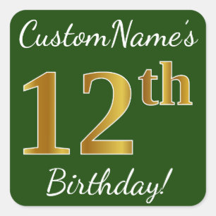 Pegatina Cuadrada Green, Faux Gold 12th Birthday + Custom Name