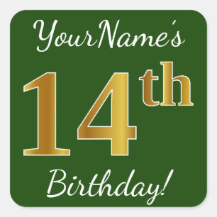 Pegatina Cuadrada Green, Faux Gold 14th Birthday + Custom Name