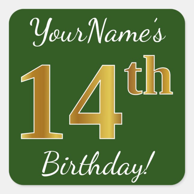 Pegatina Cuadrada Green, Faux Gold 14th Birthday + Custom Name (Anverso)