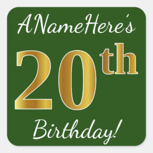 Pegatina Cuadrada Green, Faux Gold 20th Birthday + Custom Name