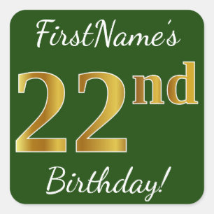 Pegatina Cuadrada Green, Faux Gold 22nd Birthday + Nombre personaliz