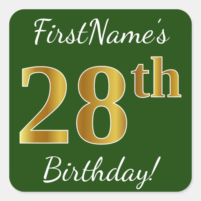Pegatina Cuadrada Green, Faux Gold 28th Birthday + Custom Name (Anverso)