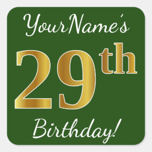 Pegatina Cuadrada Green, Faux Gold 29th Birthday + Custom Name