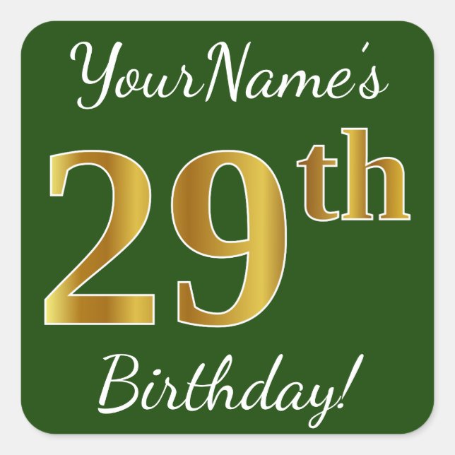 Pegatina Cuadrada Green, Faux Gold 29th Birthday + Custom Name (Anverso)