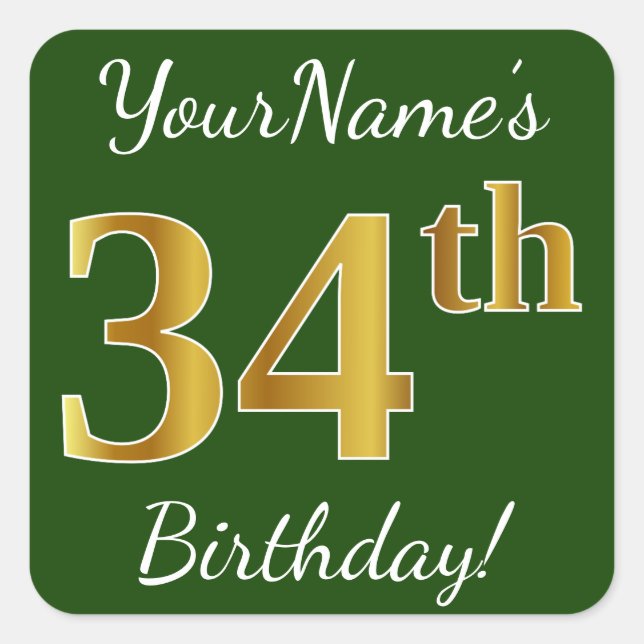 Pegatina Cuadrada Green, Faux Gold 34th Birthday + Custom Name (Anverso)