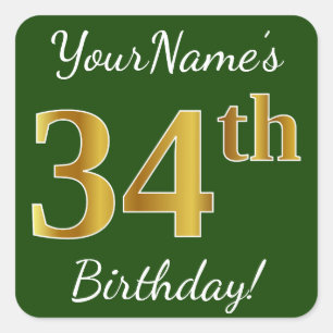 Pegatina Cuadrada Green, Faux Gold 34th Birthday + Custom Name