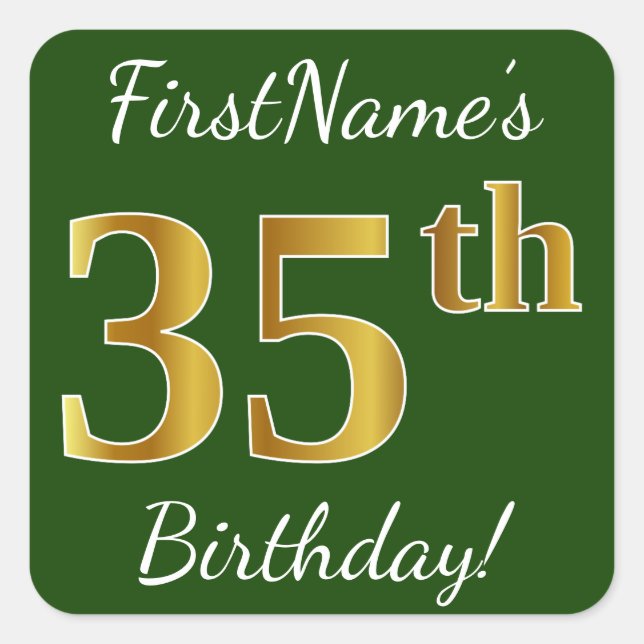 Pegatina Cuadrada Green, Faux Gold 35th Birthday + Custom Name (Anverso)