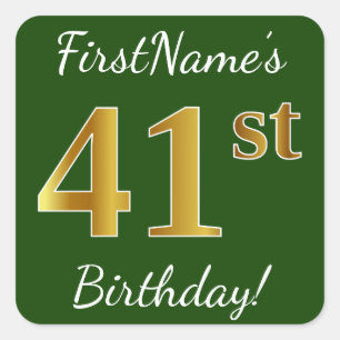 Pegatina Cuadrada Green, Faux Gold 41st Birthday + Custom Name