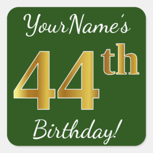 Pegatina Cuadrada Green, Faux Gold 44th Birthday + Custom Name