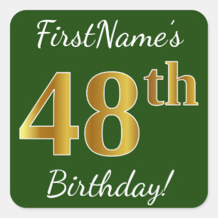 Pegatina Cuadrada Green, Faux Gold 48th Birthday + Custom Name
