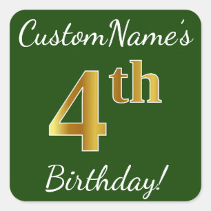 Pegatina Cuadrada Green, Faux Gold 4Cumpleaños + Custom Name