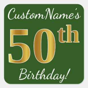 Pegatina Cuadrada Green, Faux Gold 50th Birthday + Custom Name