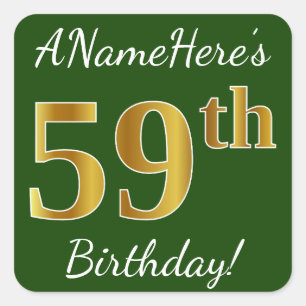 Pegatina Cuadrada Green, Faux Gold 59th Birthday + Custom Name