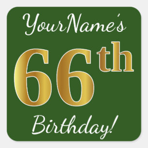 Pegatina Cuadrada Green, Faux Gold 66th Birthday + Custom Name