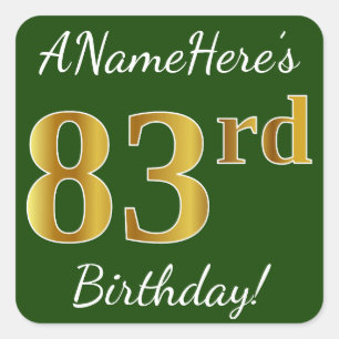 Pegatina Cuadrada Green, Faux Gold 83rd Birthday + Custom Name