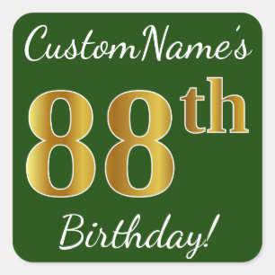 Pegatina Cuadrada Green, Faux Gold 88th Birthday + Custom Name