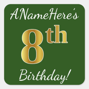 Pegatina Cuadrada Green, Faux Gold 8Cumpleaños + Custom Name