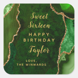 Pegatina Cuadrada Green Gold Agate Sweet 16 Happy Birday