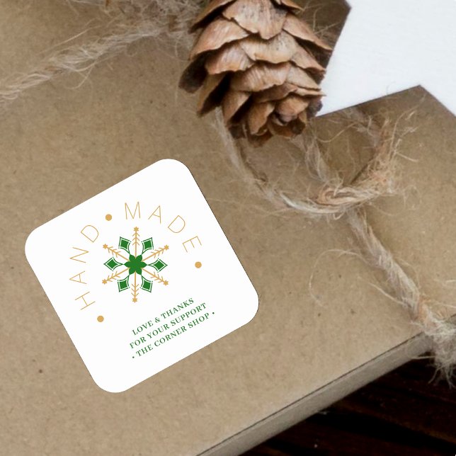 Pegatina Cuadrada Green Gold Christmas Modern Snowflake for Business (Green & Faux Gold Christmas Modern Snowflake for Business Square Sticker.)
