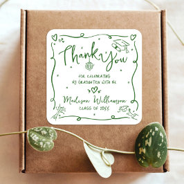Pegatina Cuadrada Green Hand Drawn Doodle Graduation Thank You White