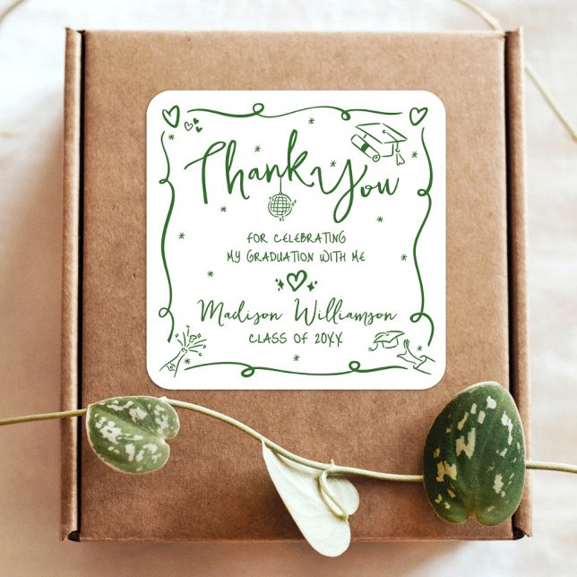 Pegatina Cuadrada Green Hand Drawn Doodle Graduation Thank You White (Subido por el creador)