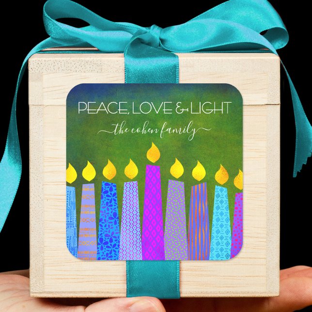 Pegatina Cuadrada Green Hanukkah Blue Boho Velas de Paz Luz de Amor (Subido por el creador)