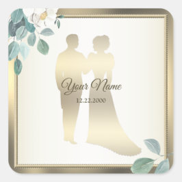 Pegatina Cuadrada Green Leaves Flower Golden Frame Wedding Party