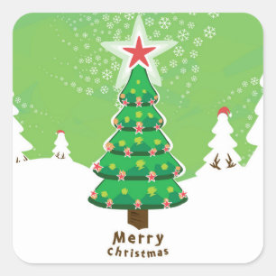 Pegatina Cuadrada Green Merry Christmas Tree